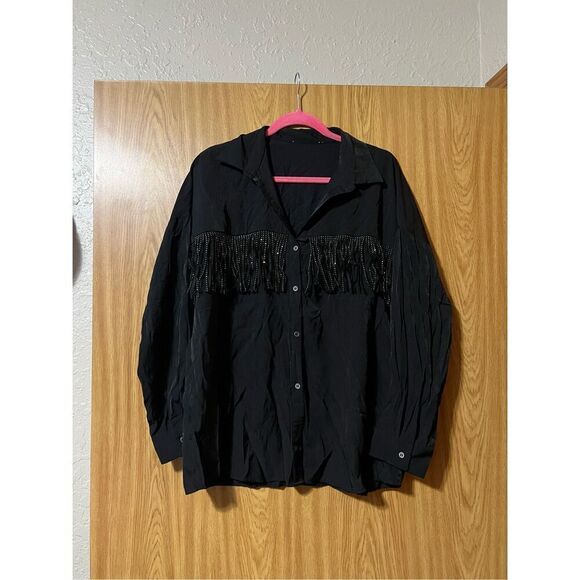Woman’s Black Button Up Top With Rhinestone Fringe Woman’s Size Large - Picture 1 of 10